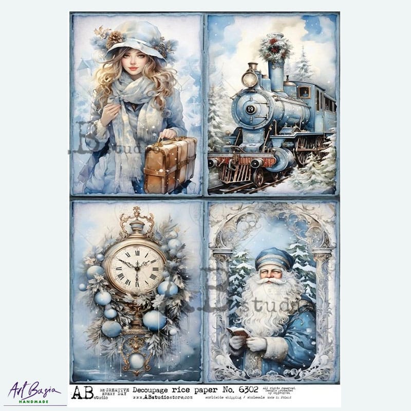 Papier ryżowy ABstudio 6302 zimowy vintage dama z walizką lokomotywa zegar Mikołaj decoupage A4