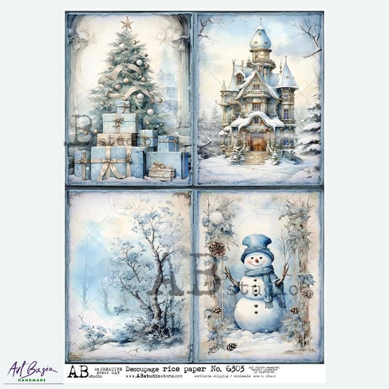 Papier ryżowy ABstudio 6303 zimowy choinka prezenty domek bałwan krajobraz decoupage A4