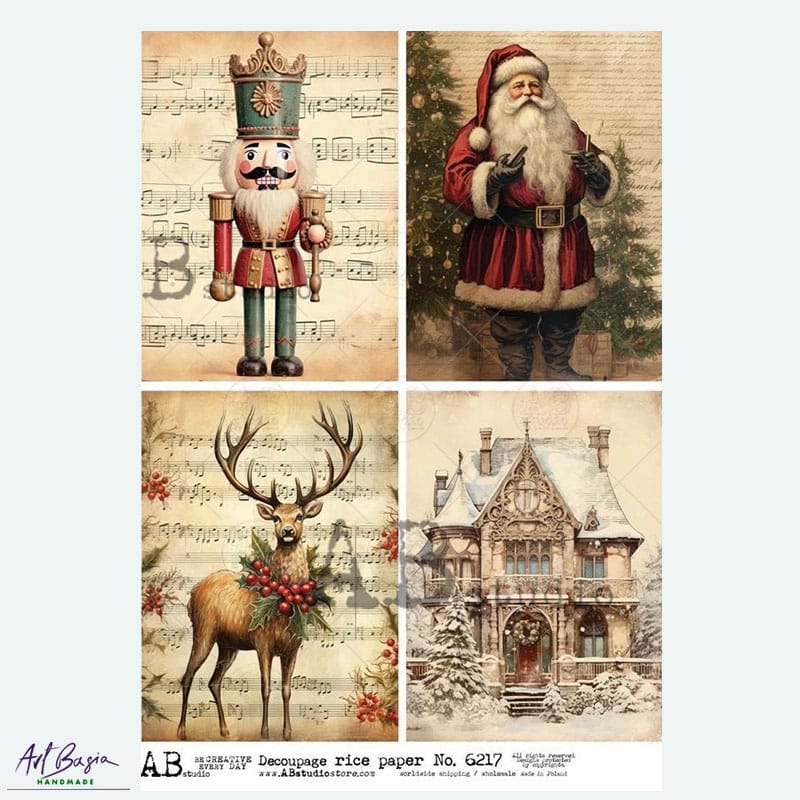 Papier ryżowy ABstudio 6217 świąteczny dziadek do orzechów Mikołaj jeleń domek decoupage A4