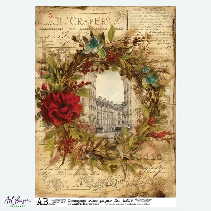 papier ryżowy ABstudio 6209 wieniec kwiaty vintage architektura decoupage A4