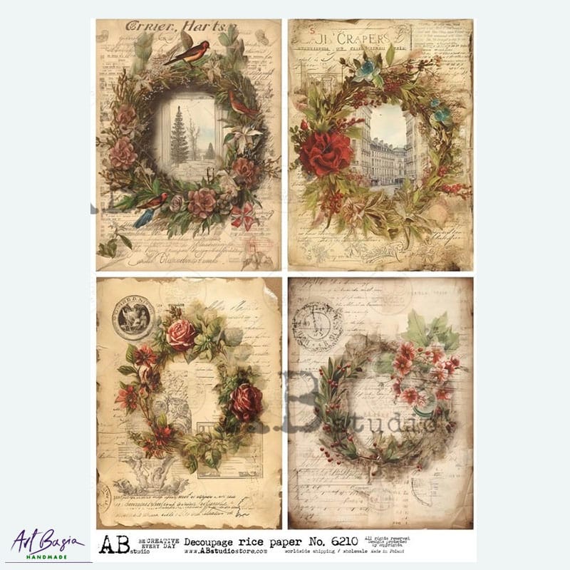 papier ryżowy ABstudio 6210 wieńce kwiatowe vintage róże decoupage A4