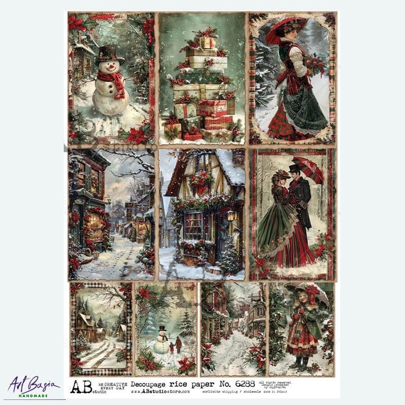 papier ryżowy ABstudio 6288 święta vintage bałwan prezenty uliczka decoupage A4