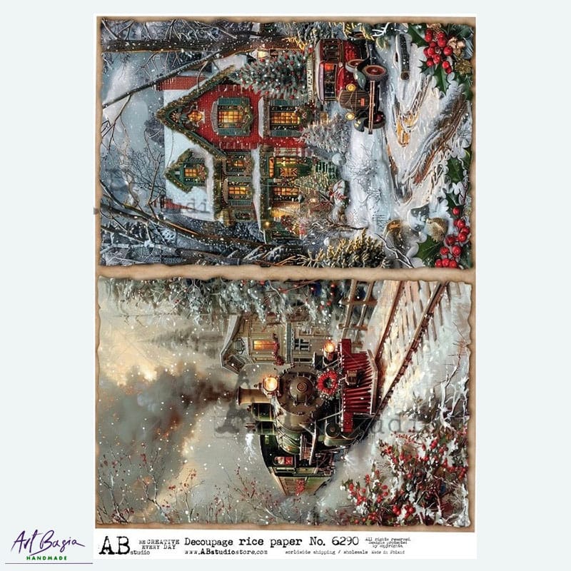 papier ryżowy decoupage świąteczny zimowy domek pociąg vintage ABstudio 6290