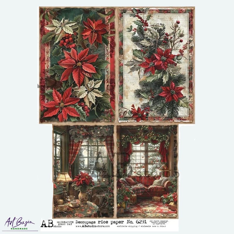 papier ryżowy decoupage świąteczny ABstudio 6291 poinsecja vintage wnętrza boże narodzenie
