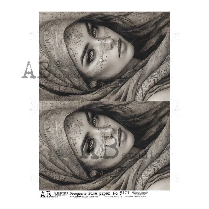 papier ryżowy decoupage kobieta etniczna boho vintage czarno biały ABstudio 5101