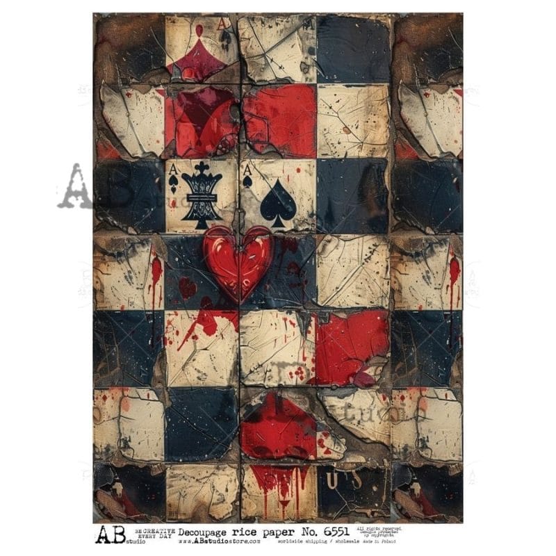papier ryżowy decoupage karty do gry serca vintage grunge ABstudio 6551