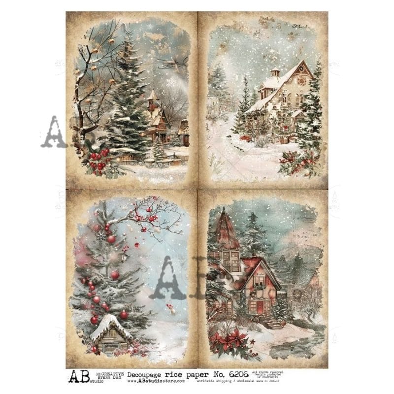 papier ryżowy ABstudio 6206 zimowy vintage choinka domek święta decoupage