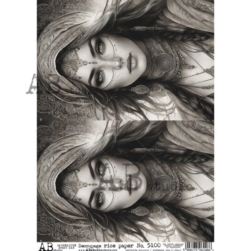 papier ryżowy decoupage kobieta etniczna boho vintage czarno biały ABstudio 5100 T