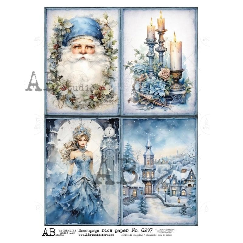 Papier ryżowy A4 ABstudio 6297 – zimowa elegancja, Mikołaj, świece i baśniowa krainaprojektów handmade.