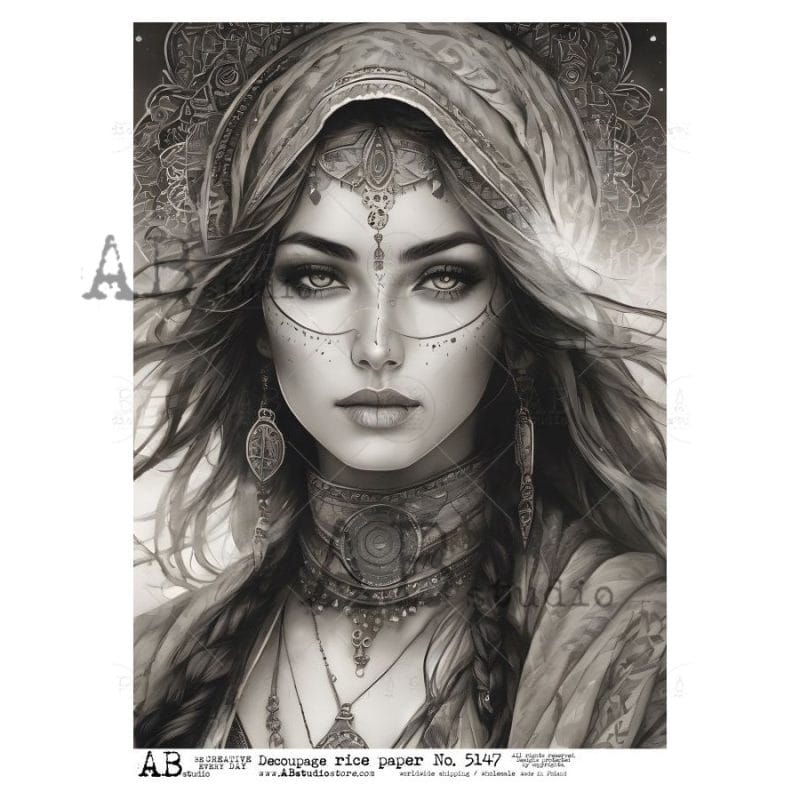 papier ryżowy decoupage kobieta boho etniczna portret czarno biały ABstudio 5147