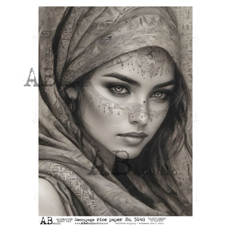 papier ryżowy decoupage kobieta boho etniczna portret czarno biały ABstudio 5148