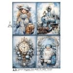 Papier ryżowy ABstudio 6302 zimowy vintage dama z walizką lokomotywa zegar Mikołaj decoupage A4