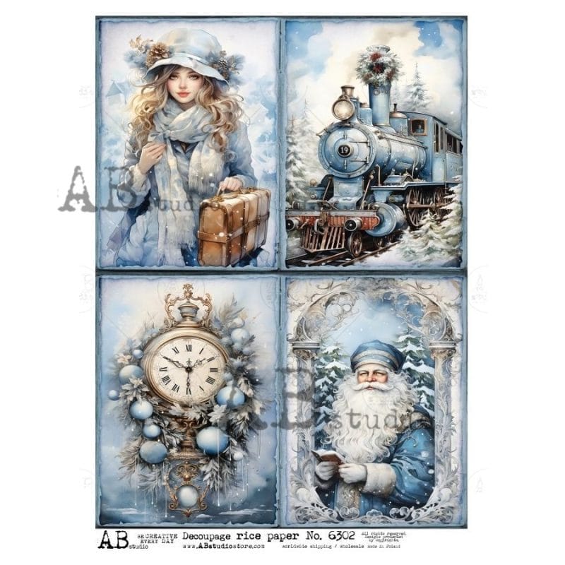 Papier ryżowy ABstudio 6302 zimowy vintage dama z walizką lokomotywa zegar Mikołaj decoupage A4