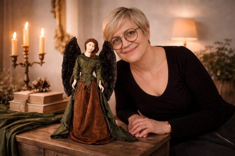 figurka anioła handmade Rudzielec zielono miedziana z artystką Art Basia