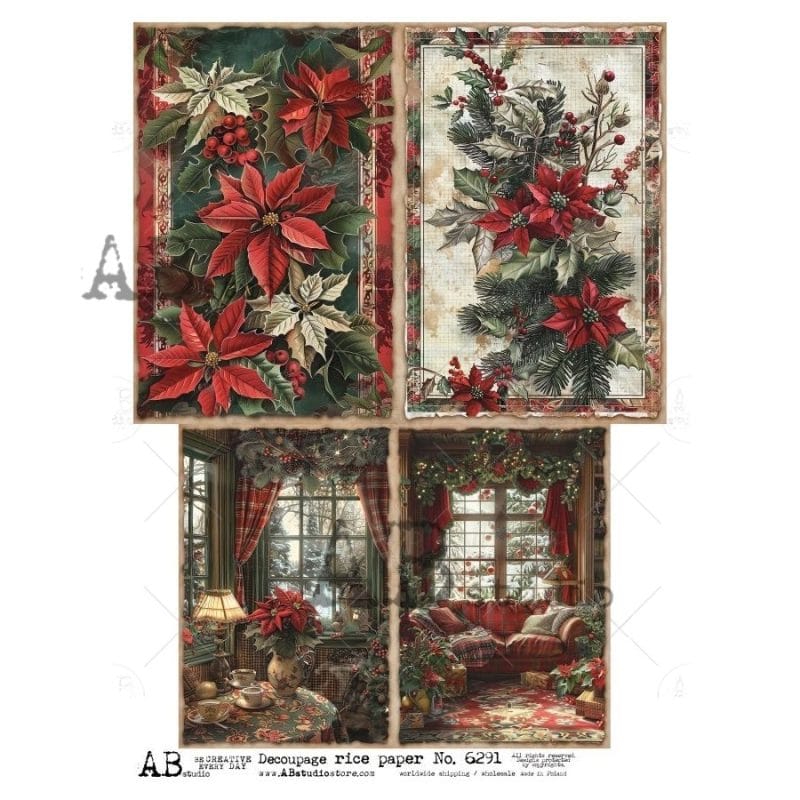 poinsecja decoupage vintage czerwone kwiaty boże narodzenie papier ryżowy detale