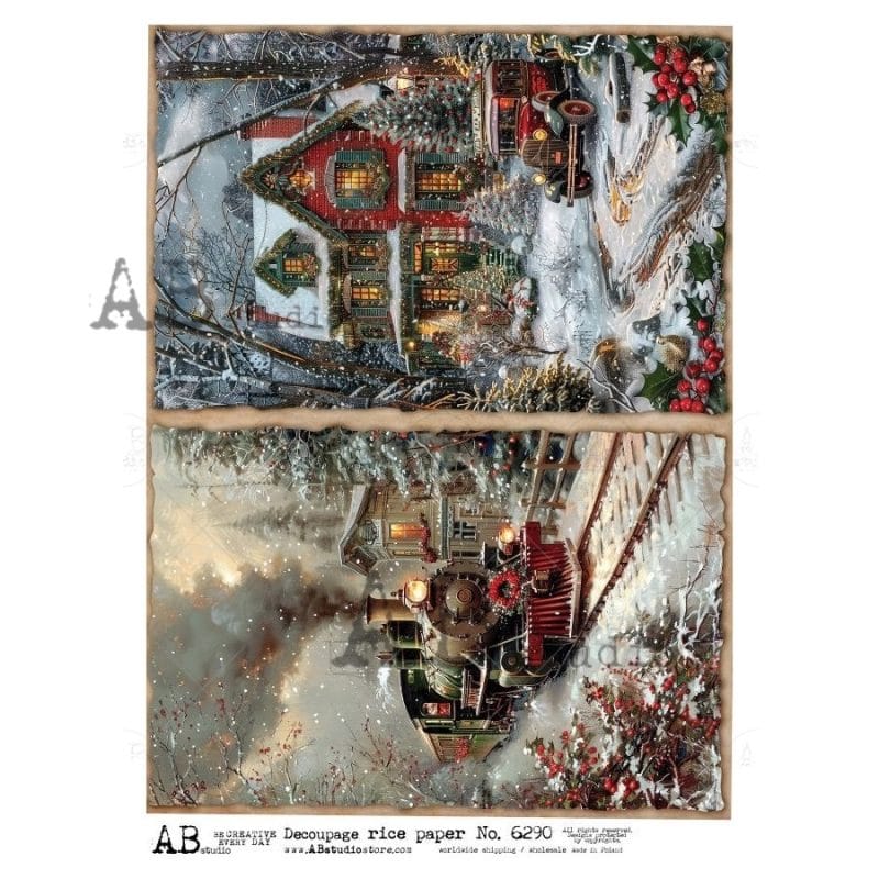 zimowy pociąg retro święta decoupage papier ryżowy lokomotywa śnieg vintage