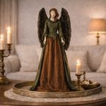 Smukła figurka anioła Rudzielec handmade w zielono-miedzianej sukni, ustawiona na stylowej komodzie w eleganckim wnętrzu vintage