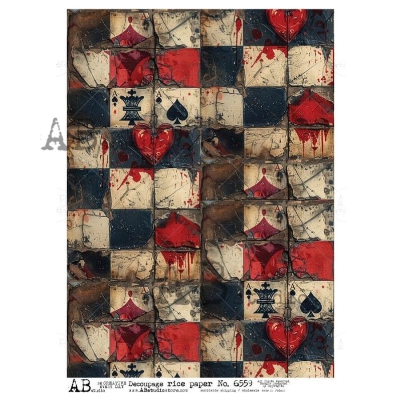 papier ryżowy decoupage karty do gry serca vintage grunge ABstudio 6559