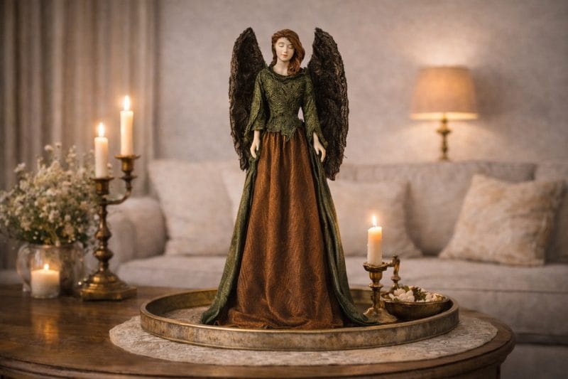 Smukła figurka anioła Rudzielec handmade w zielono-miedzianej sukni, ustawiona na stylowej komodzie w eleganckim wnętrzu vintage