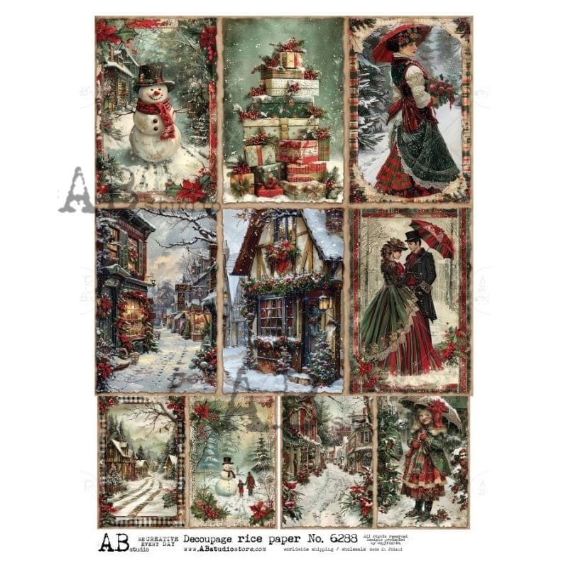 papier ryżowy ABstudio 6288 święta vintage bałwan prezenty uliczka decoupage A4