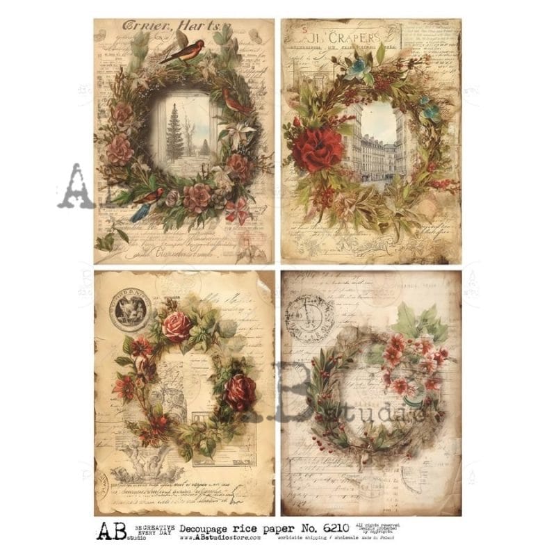 papier ryżowy ABstudio 6210 wieńce kwiatowe vintage róże decoupage A4