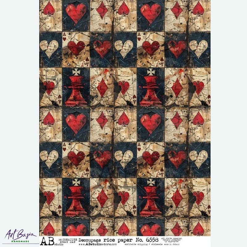 papier ryżowy decoupage karty do gry serca vintage grunge ABstudio 6558