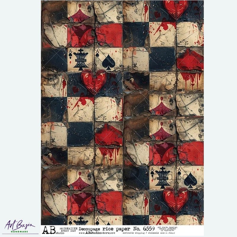 papier ryżowy decoupage karty do gry serca vintage grunge ABstudio 6559