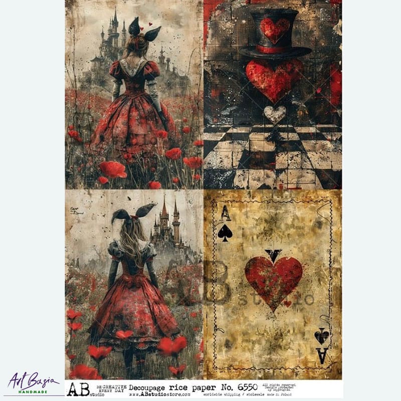 papier ryżowy decoupage Alicja fantasy serca karty vintage ABstudio 6550