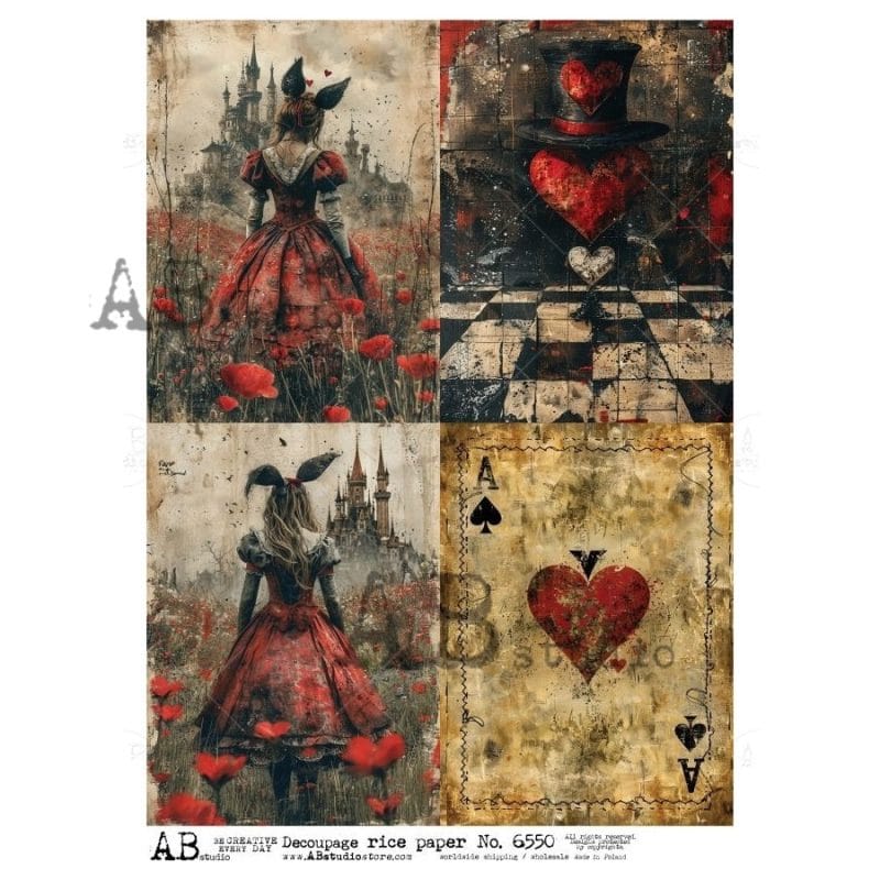papier ryżowy decoupage Alicja fantasy serca karty vintage ABstudio 6550