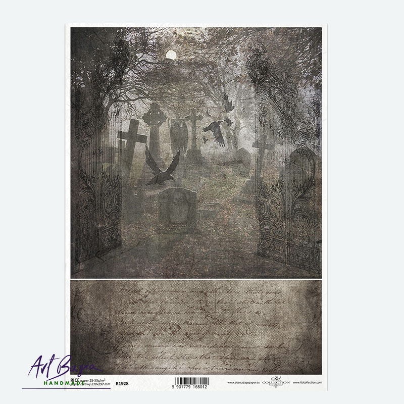 Papier ryżowy ITD Collection R1928 A4 –gotycki cmentarz i kruki