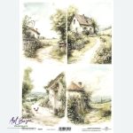 Papier ryżowy ITD Collection R2577 A4 – cztery wiejskie krajobrazy z domkami, ogrodami, ścieżkami i kogutem.