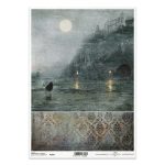 Papier ryżowy ITD Collection R1927 A4 – zamek na klifie, księżyc nad zatoką i postać z latarnią oraz pas ornamentów.