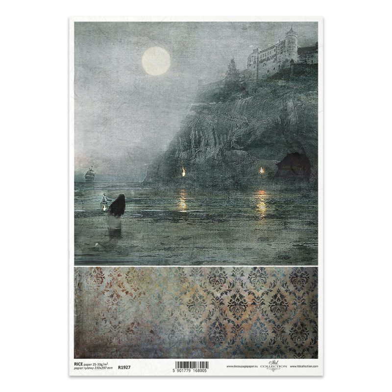 Papier ryżowy ITD Collection R1927 A4 – zamek na klifie, księżyc nad zatoką i postać z latarnią oraz pas ornamentów.