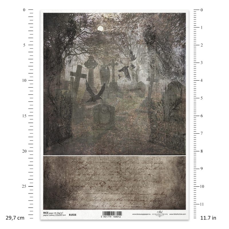 Papier ryżowy ITD Collection R1928 A4 – ozdobna brama, zamglony cmentarz z krukami i pas z odręcznym pismem.