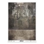 Papier ryżowy ITD Collection R1928 A4 – ozdobna brama, zamglony cmentarz z krukami i pas z odręcznym pismem.