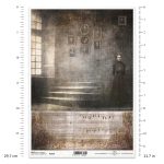 Papier ryżowy ITD Collection R1929 A4 – kobieta w czarnej sukni przy schodach, portrety na ścianie i pas z nutami.