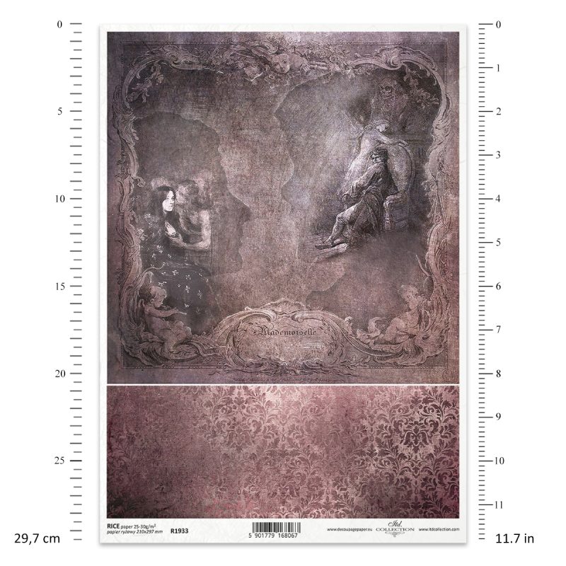 Papier ryżowy ITD Collection R1933 A4 – gotycka kompozycja z profilem twarzy, kobietą, szkieletem i ozdobną ramą.