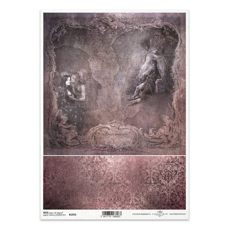 Papier ryżowy ITD Collection R1933 A4 – gotycka kompozycja z profilem twarzy, kobietą, szkieletem i ozdobną ramą.