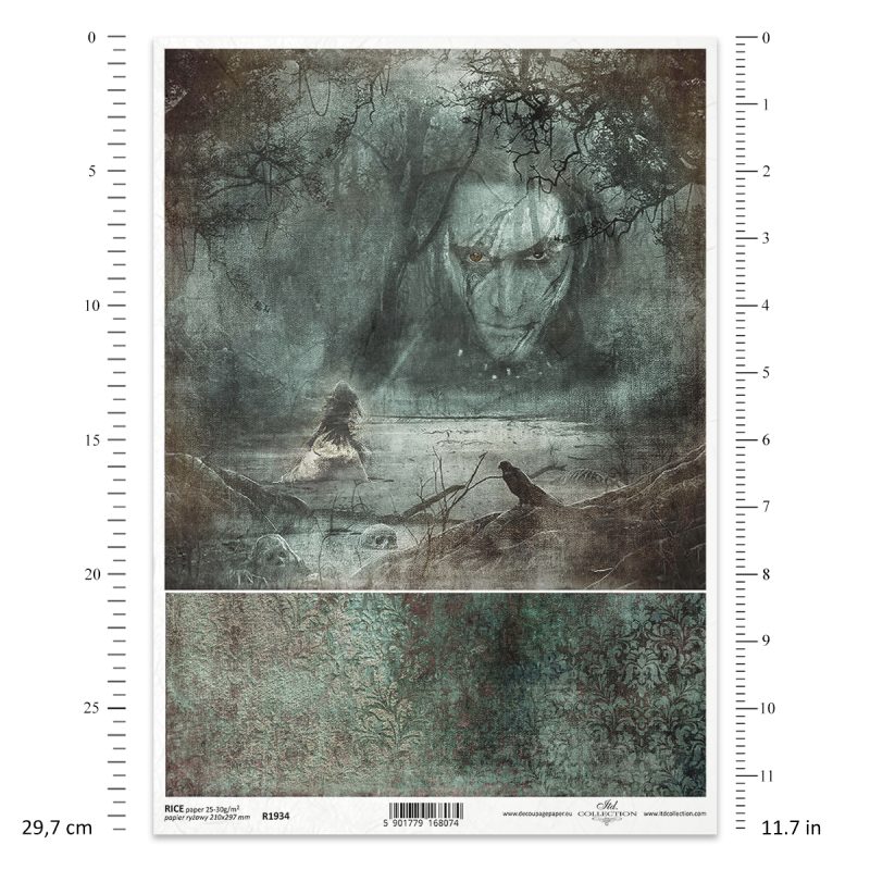 Papier ryżowy ITD Collection R1934 A4 – tajemnicza twarz w mrocznym lesie i ozdobny pas ornamentów.
